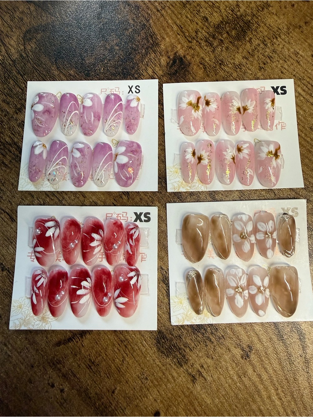 4 Xsmall Press On Nails – Assorted Pink, Purple, Red & Brown Floral Designs